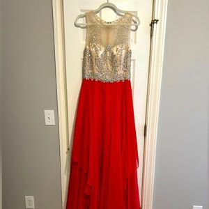 Alyce Paris Red Evening Dress with neutral Bodice and Silver Embellishments
